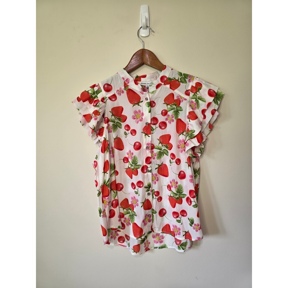 Rose + Olive Blouse Womens Small White Fruit Print Flutter Sleeve Cottagecore